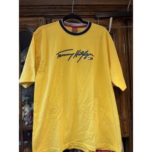 Vintage 2005 Tommy Hilfiger Men's T Shirt Large‎ Yellow Bold Logo Hot Y2K 2000s